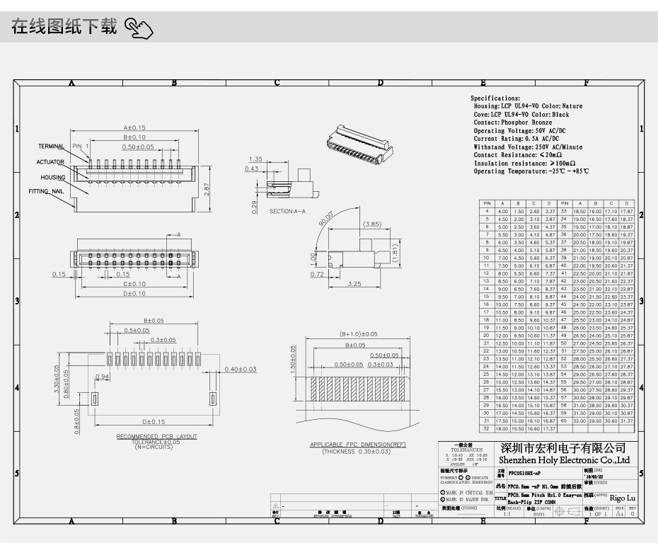 0.5 FPC/FFC連接器4/6/8/10/12/16/20/24/26/30/40P后翻蓋H1.0