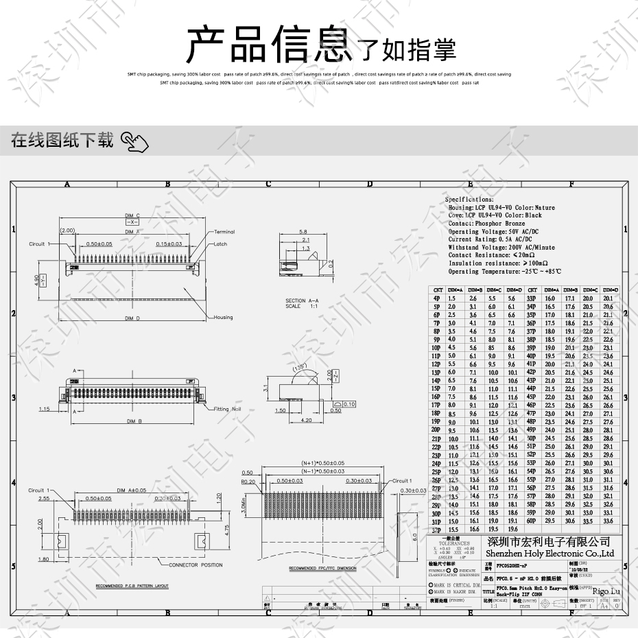 0.5mm-30P上下接后翻蓋式 FFC/FPC扁平電纜插座連接器 軟排線插座