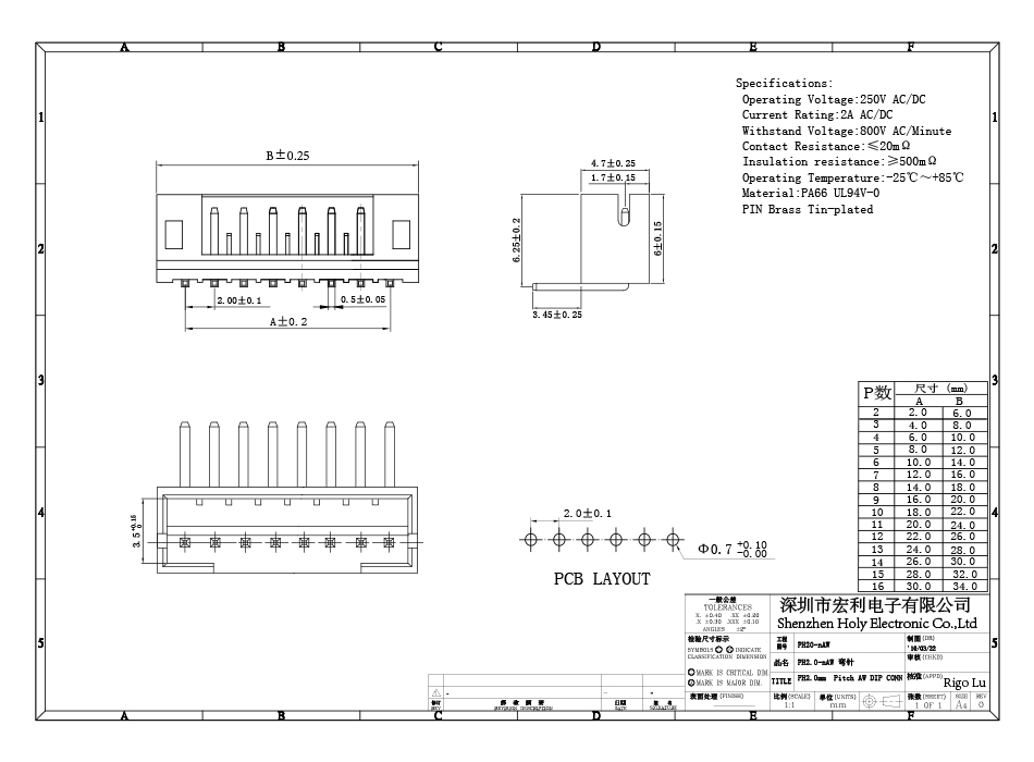 PH2.0間距 彎針間距2.0MM-2AW 彎針 插座連接器,宏利